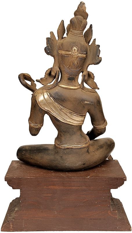 Brass Goddess Saraswati Seated on Wooden Pedestal 13 inches Entryway Setting