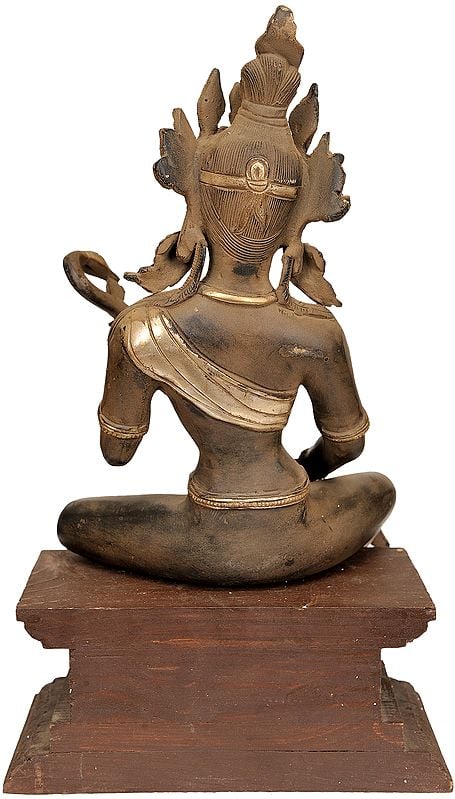 Brass Goddess Saraswati Seated on Wooden Pedestal 13 inches