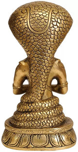 Natural Brass Patanjali statue, back view with scale-textured torso, seated, 8 inch
