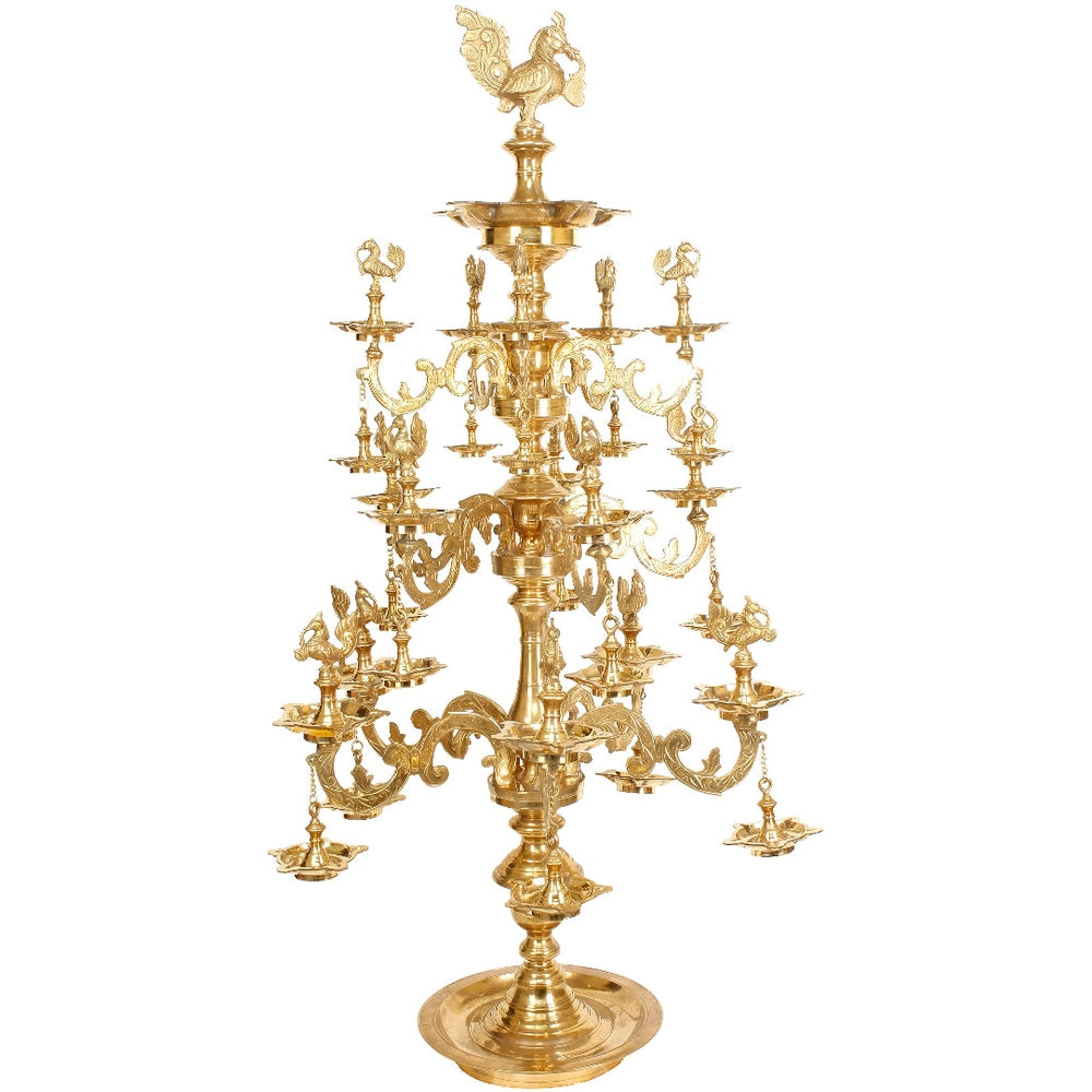 Brass peacock super fine lamp with ornate multi-arm candelabra base and stand