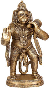 Brass Hanuman idol with raised hands and engraved armor, 36 in statue