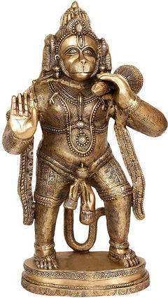 Brass Hanuman idol with raised hands and engraved armor, 36 in statue