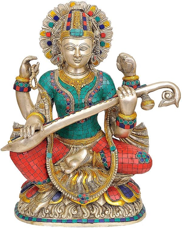 Brass Goddess Saraswati Playing the Veena 16 Inches Mandir Setting