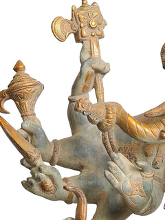 Brass Ganesha idol statue, standing on ornate base with extended multi-armed pose