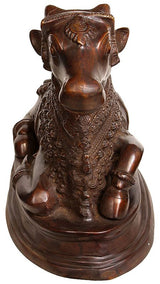 Handcrafted brass bull vahana statue, rear view with ornate chest pattern and raised tail