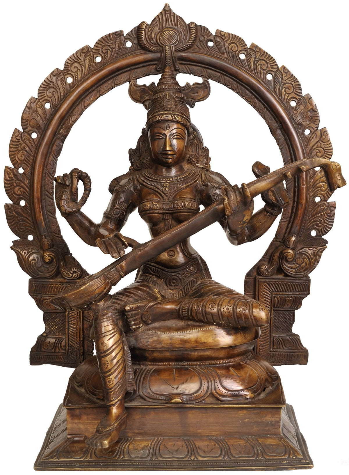 Large brass Saraswati figurine playing veena, intricate detailing, 18-inch height