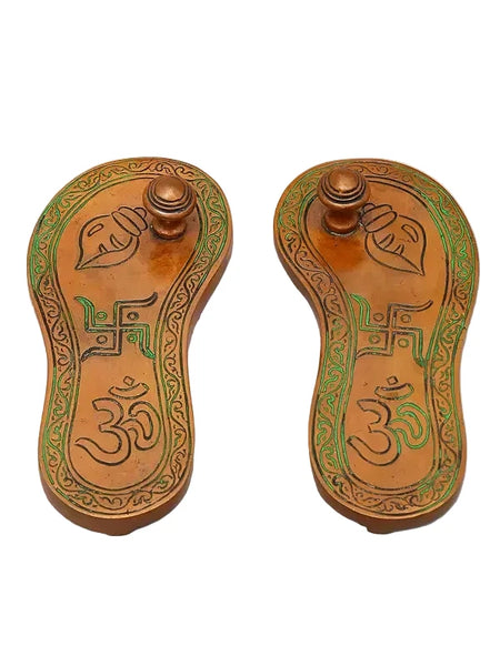 Handcrafted Brass Charan Paduka with Auspicious Religious Motif | Traditional Hindu Sacred Footprints | Spiritual Pooja Decor (Height: 6 Inches)