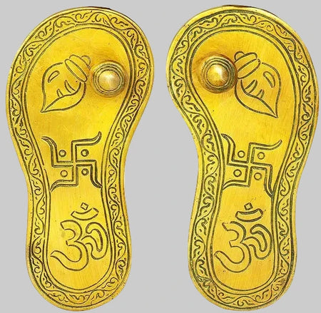 Handcrafted Brass Charan Paduka with Auspicious Religious Motif | Traditional Hindu Sacred Footprints | Spiritual Pooja Decor (Height: 6 Inches)