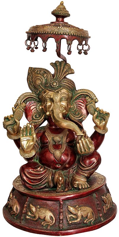 Brass Large Size Lord Ganesha with Umbrella Murti (Height: 31 Inches)