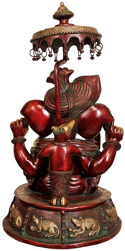 Brass Large Size Lord Ganesha with Umbrella Murti (Height: 31 Inches) Entryway Setting