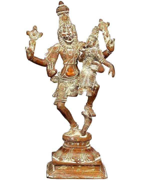 Brass Handmade Brown Lord Narsimha with Devi Lakshmi Sculpture (Height: 12 Inches)