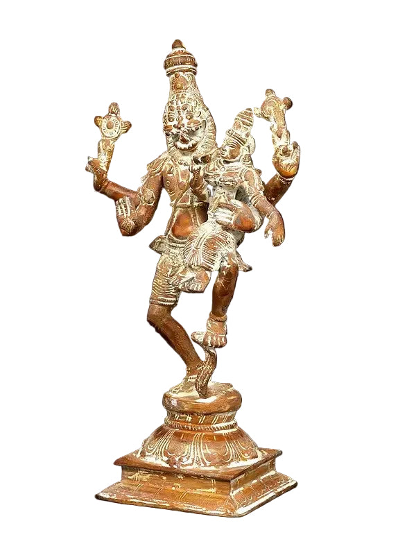 Brass Handmade Brown Lord Narsimha with Devi Lakshmi Sculpture (Height: 12 Inches) Study Setting
