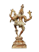 Brass Lord Narsimha sculpture with Devi Lakshmi, standing pose, ornate carved base