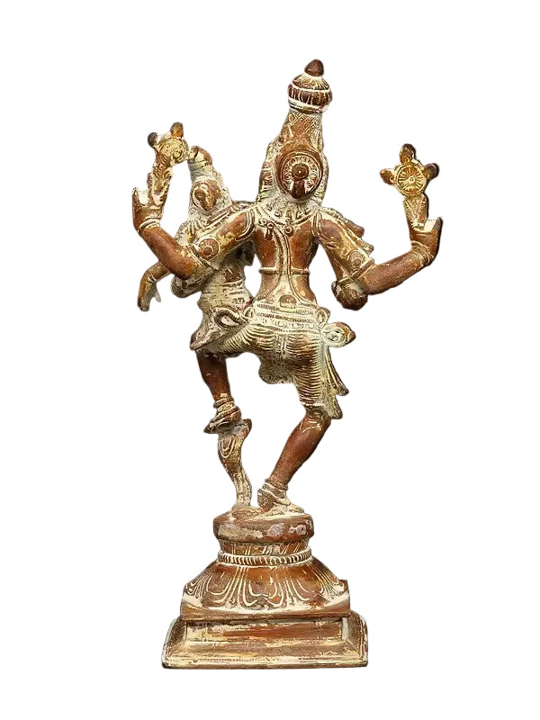 Brass Handmade Brown Lord Narsimha with Devi Lakshmi Sculpture (Height: 12 Inches)