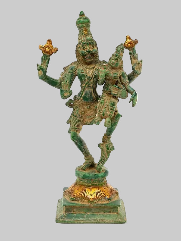 Brass Handmade Green and Gold Lord Narsimha with Devi Lakshmi Sculpture (Height: 12 Inches)
