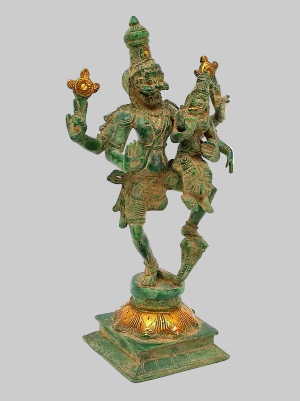 Brass Handmade Green and Gold Lord Narsimha with Devi Lakshmi Sculpture (Height: 12 Inches) Craft Detail