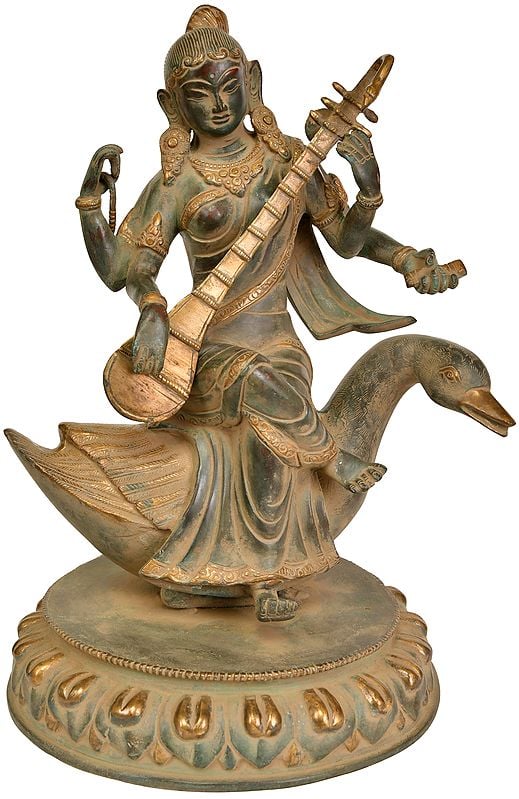 Brass Goddess Saraswati Seated on a Swan 13 Inches