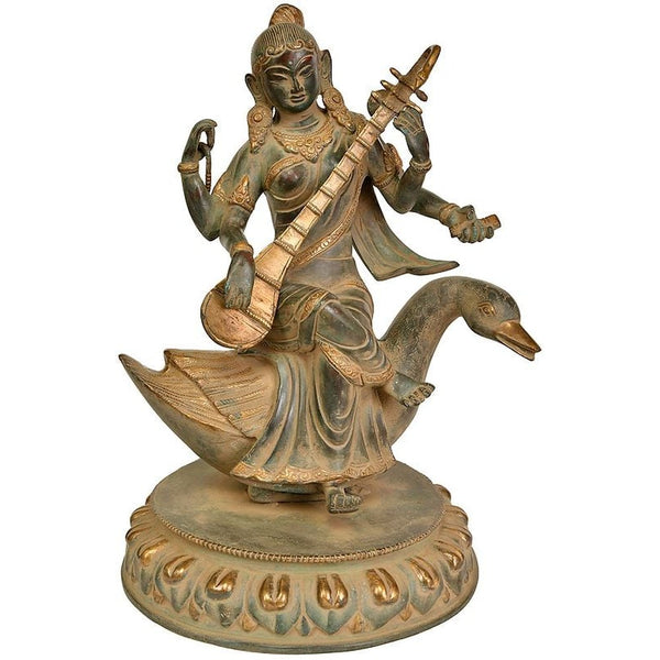 Brass Goddess Saraswati Seated on a Swan 13 Inches