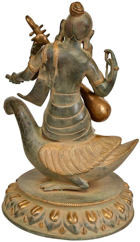 Brass Goddess Saraswati Seated on a Swan 13 Inches