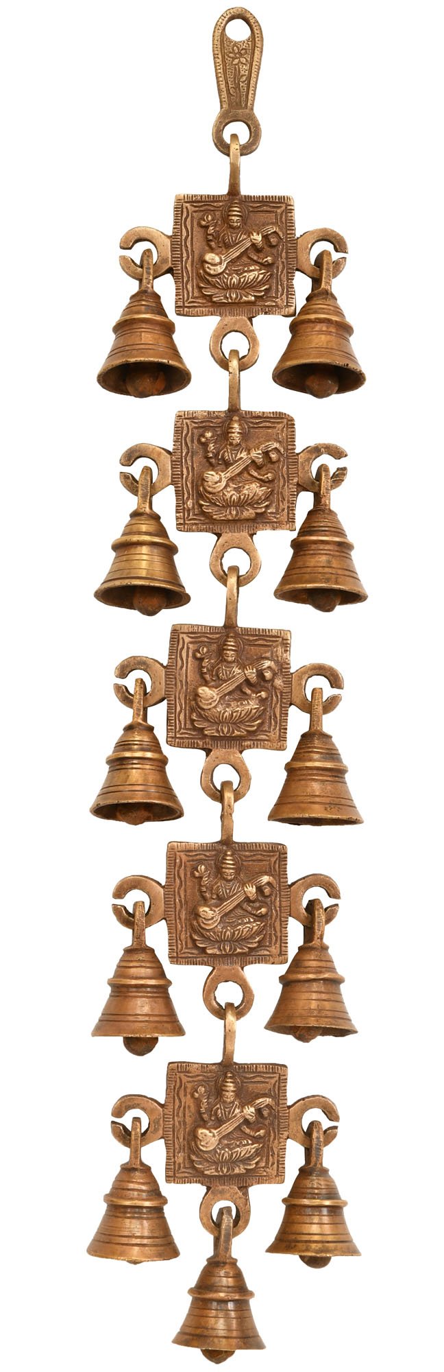 Brass Saraswati wall hanging with hanging bells and relief panels