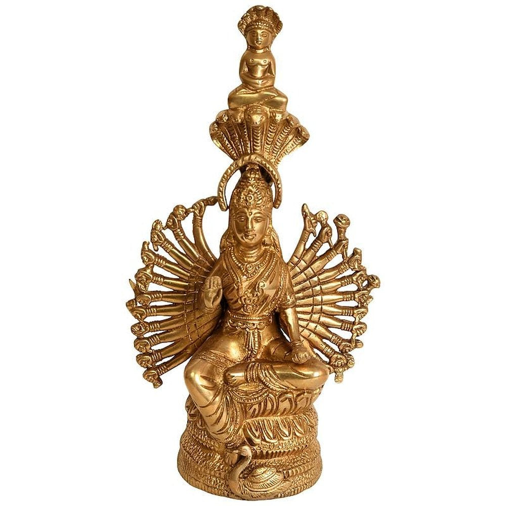 Brass Devi Padmavati idol, seated figure with many raised arm fan, 27 cm height
