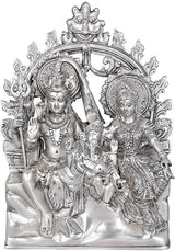 Silver Shiva family idol, 10-inch seated figures with ornate arch and detailing
