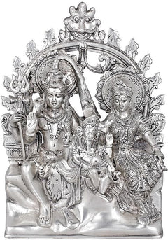 Silver Shiva family idol, 10-inch seated figures with ornate arch and detailing