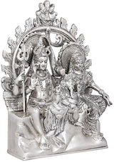 Silver Shiva family idol, 10-inch side view with trident and seated consort figures