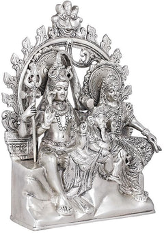 Silver Shiva family idol, 10-inch side view with trident and seated consort figures