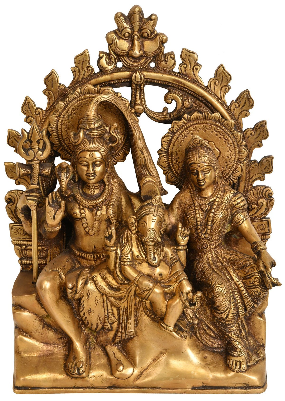Handmade natural brass Shiva family idol statue with seated figures and ornate arch