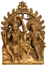 Handmade natural brass Shiva family idol statue with seated figures and ornate arch