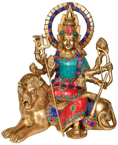 Handmade Brass Simhavahini Maa Durga Statue | Traditional Goddess Durga Idol Seated on Lion (Height: 12 Inches)