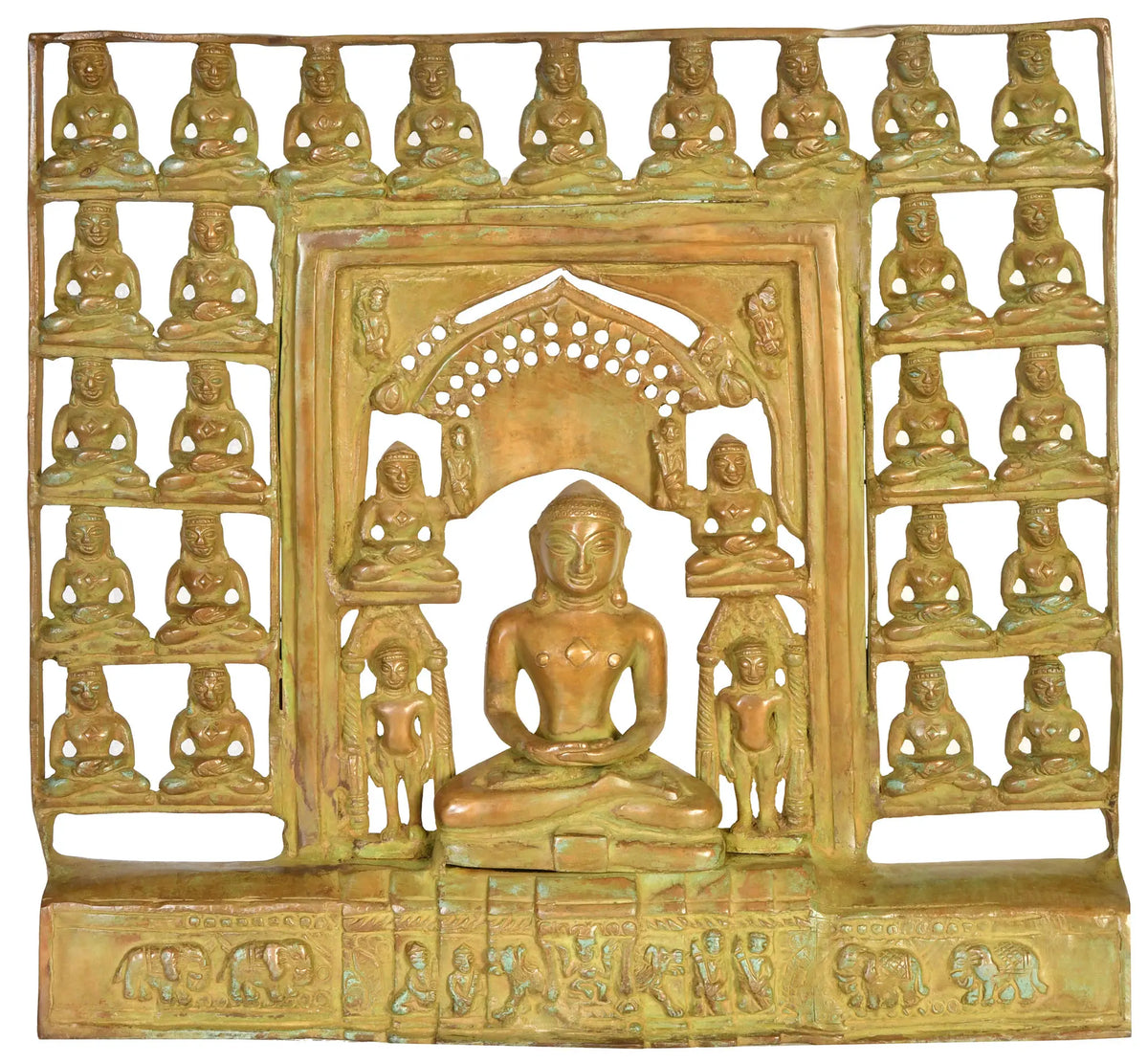 Brass Jain Tirthankara idol: seated figure in arched frame, flanked by small statues