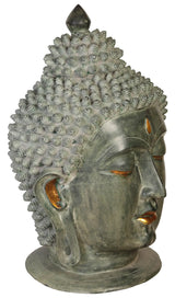 Brass Buddha head showpiece profile view, ornate curls and ear details, 29 in tall.