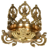 Brass urli with Lakshmi, Ganesha, and Saraswati, ornate deity stand, 15 inch