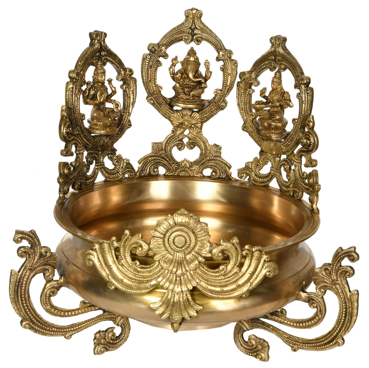 Brass urli with Lakshmi, Ganesha, and Saraswati, ornate deity stand, 15 inch