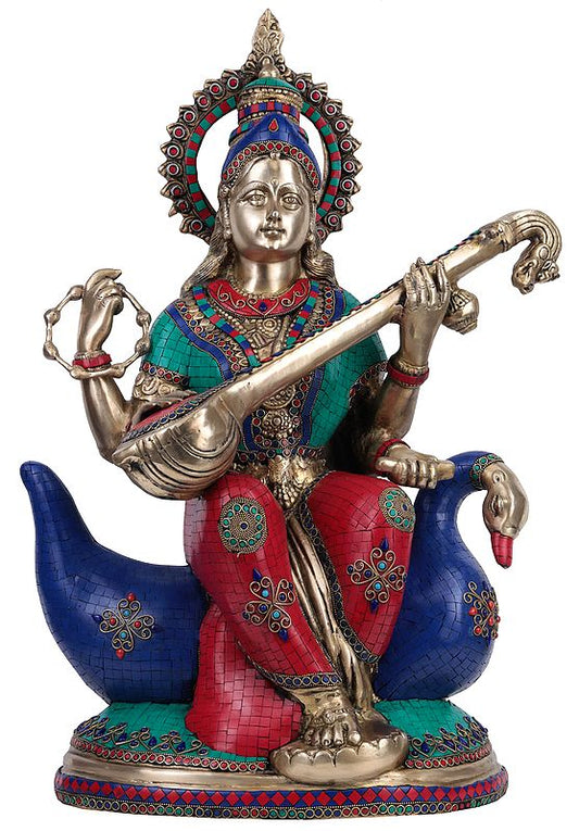 AONA Brass Goddess Saraswati Seated On a Swan Colossal Idol
