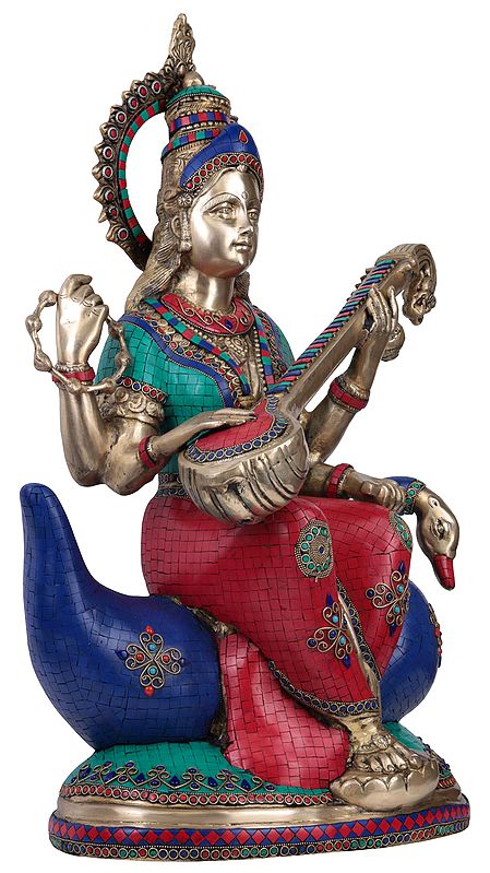 Brass Goddess Saraswati Seated On a Swan Colossal Idol (Height: 28 Inches) Study Setting