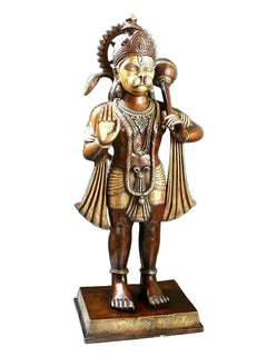 Brass Hanuman statue facing forward, raised palm blessing gesture, on square base.
