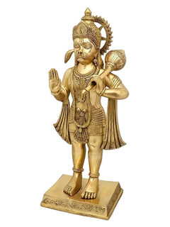 Brass Hanuman statue with raised blessing hand and draped garment, on square base