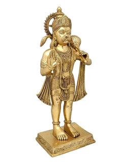 Brass Hanuman statue holding a small mace, ornate crown and jewelry, on base
