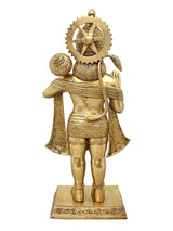Brass Hanuman statue with back halo and draped cloth, holding mace, on square base