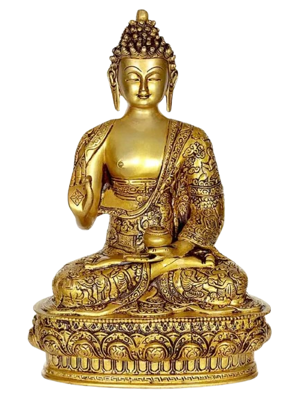 Buddha brass statue in Abhaya Mudra, seated on ornate pedestal (12.5 in)