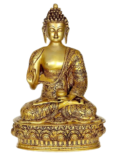 Buddha brass statue in Abhaya Mudra, seated on ornate pedestal (12.5 in)