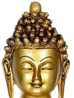Buddha brass statue face and crown headpiece, serene expression, golden finish