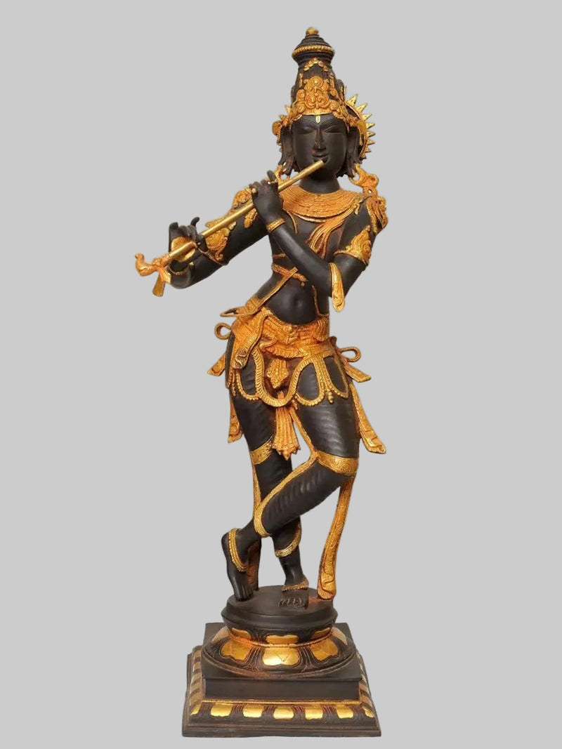 Handmade Brass Lord Krishna Statue – Flute Playing Design (Height: 34 Inches)