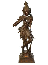 Handmade brass Krishna flute-playing statue in antique brown bronze finish, full figure