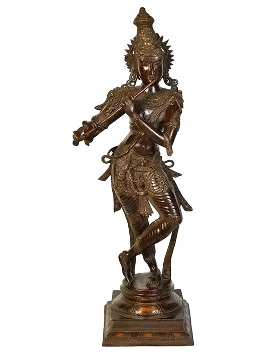 Handmade brass Krishna flute-playing statue in antique brown bronze finish, full figure