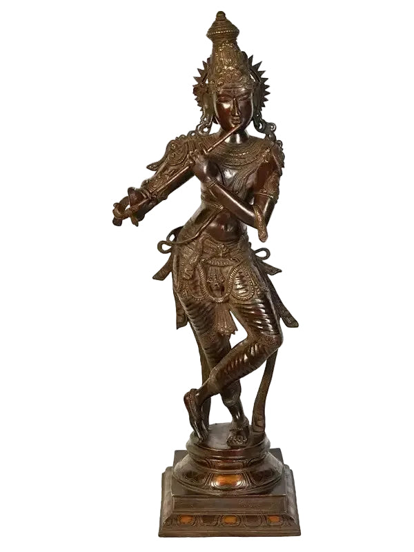 Handmade Brass Lord Krishna Statue – Flute Playing Design (Height: 34 Inches)