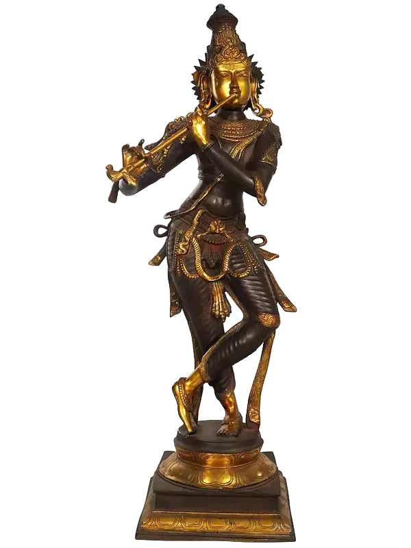 Handmade Brass Lord Krishna Statue – Flute Playing Design (Height: 34 Inches)